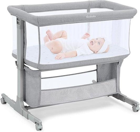 Ezebaby Bedside Bassinet for Baby, Portable Baby Bassinet Bedside Sleeper for Newborn Infants with Wheels Storage Basket, Adjustable 7 Heights and All Mesh Sides