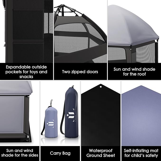 Pop-Up Playpen for Babies & Toddlers Foldable with Canopy (UPF 50), Self-Inflating Playmat, Wind Shade & Carry Bag Durable Baby Beach Tent, Outdoor