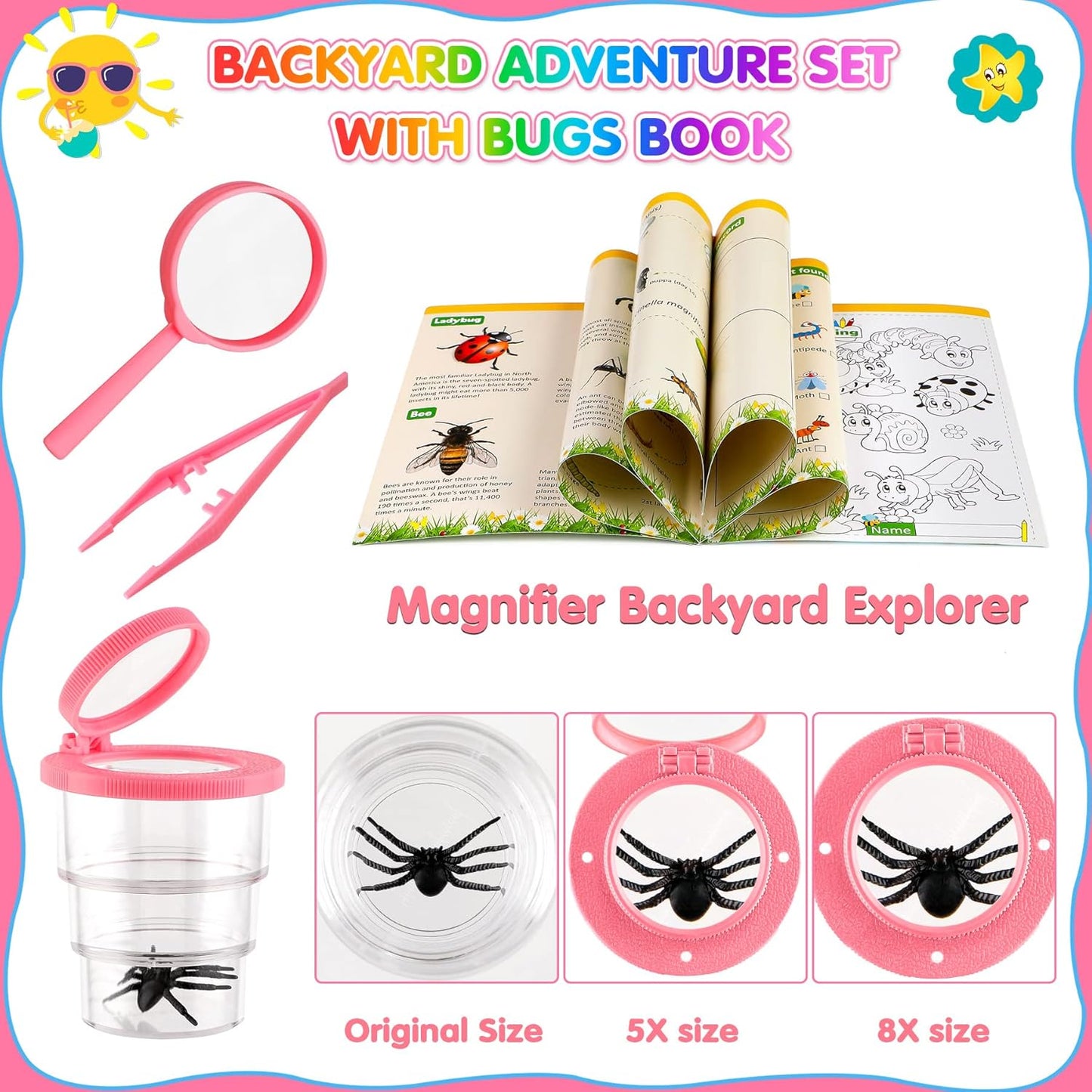 INNOCHEER Kids Explorer Kit & Bug Catcher Kit & Safari Costume Kit, Outdoor Exploration Set with Hat, Vest, Butterfly Net and Bugs Book for Boys Girls 3-12 Years Old (Camouflage Pink)