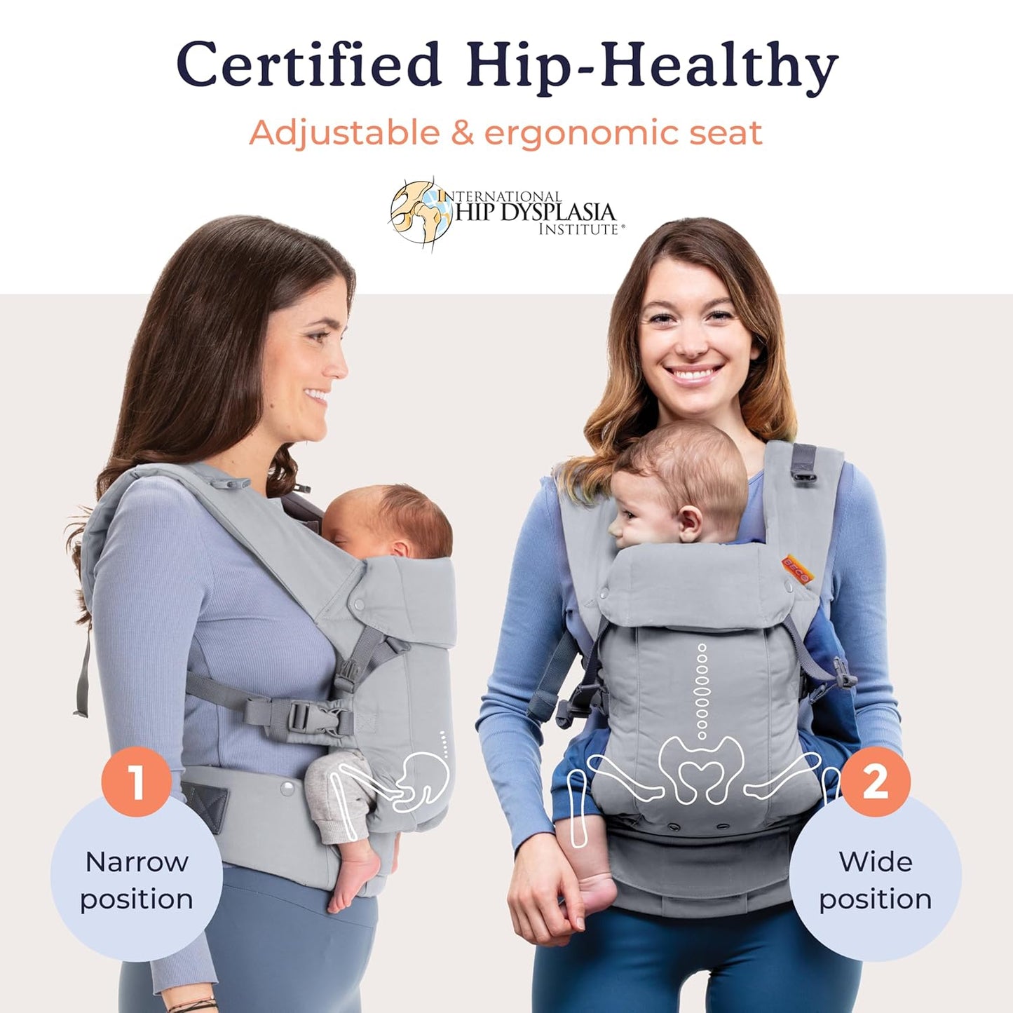 Beco Gemini Baby Carrier from Newborn to Toddler - Certified Ergonomic Newborn Baby Carrier for Infants and Children of 7-35 lbs - M Shape, Adjustable Seat, 100% Cotton (Grey)