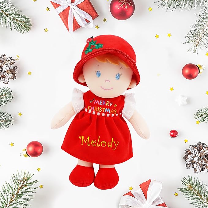 June Garden Personalized Soft Dolly Emilia - Stuffed Soft Baby Doll for Birth and Up with Custom Name - Christmas Special Edition