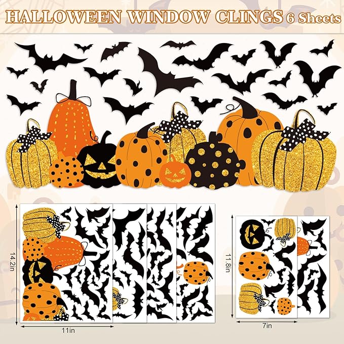 Whaline 6 Sheet Halloween Window Clings Black Orange Pumpkin Bat Reusable Window Decals for Haunted Party House Office School Home Glass Decor