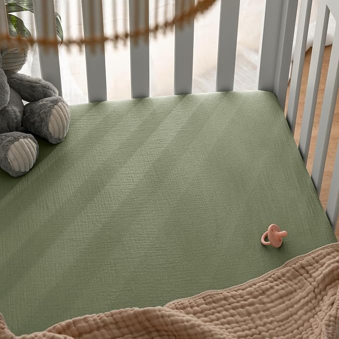 Comfy Cubs 100% Muslin Cotton Fitted Crib Sheet - Soft, Standard & Breathable Crib Sheets for Toddler Mattress - Snug Fit, Secure Elastic with Beautiful Packaging for Boys & Girls - Sage
