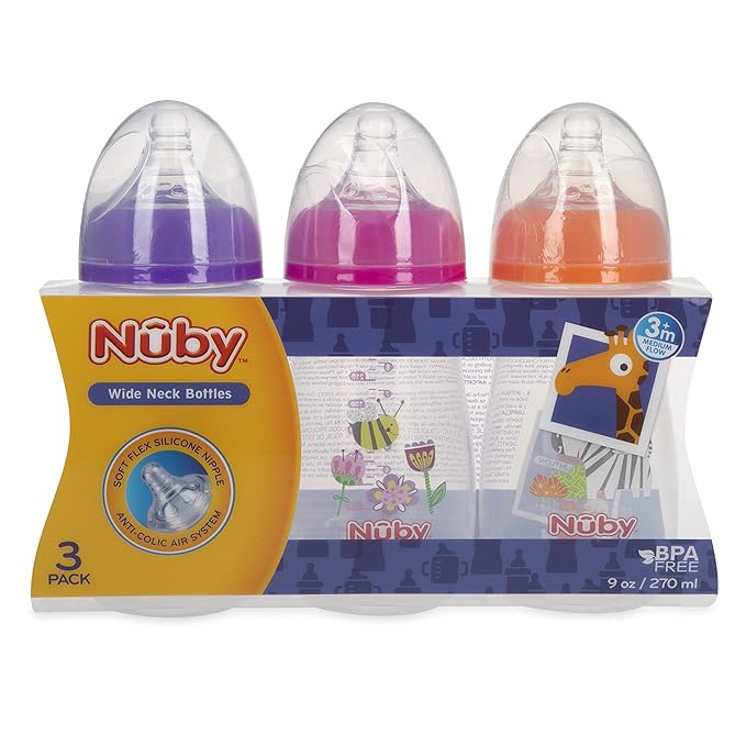 Nuby Tritan Wide Neck Non-Drip Bottles with Anti-Colic Air System: 9oz./ 270 Ml, 3 Pack, 3M+, Multi