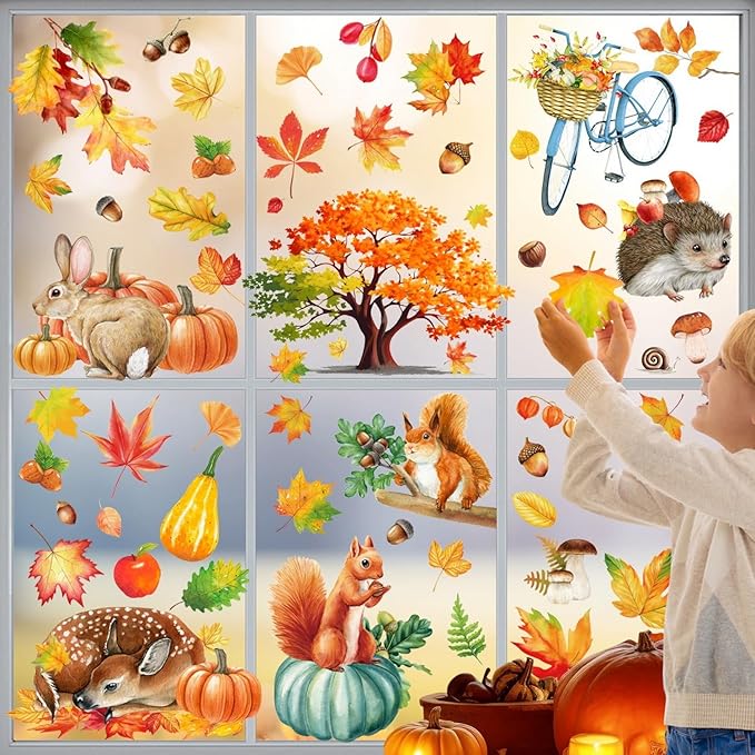 9 Sheets Fall Window Clings Cartoon Rabbit Hedgehog Squirrel Animals Pumpkin Leaves Design Autumn Windows Clings for Glass Thanksgiving Windows Stickers Decor for Home Office Bedroom