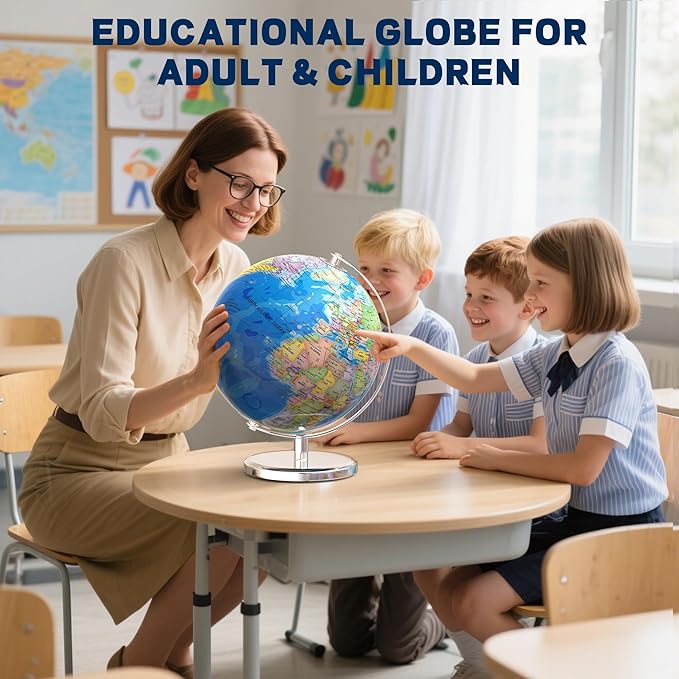 13 Inch Large World Globe for Adult, Educational Globe for Children, Colorful HD World Map Details for Kids Learning, Illuminated Globes Lamp for Kids Gift and Bedroom Office Decor