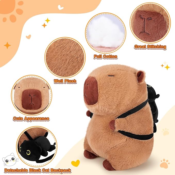 Achwishap Capybara Plush,Capybara Stuffed Animal Cute Plushies,Capybara Plush Toys,Kawaii Plushie Stuffed Toy with Black Cat Backpack Plushies Gifts for Kids Adults(Capybara with Black Cat,14”)