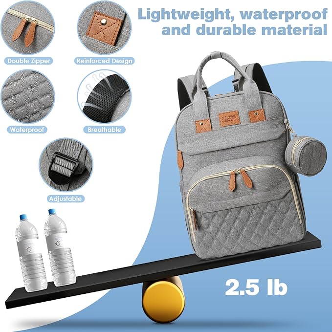 Diaper Bag Backpack, Large Diaper Bag with Changing Station, Baby Bag, New Mom Gifts, Lightweight Waterproof Unisex Diaper Bag with Insulated Pockets and USB Charging Port, Grey