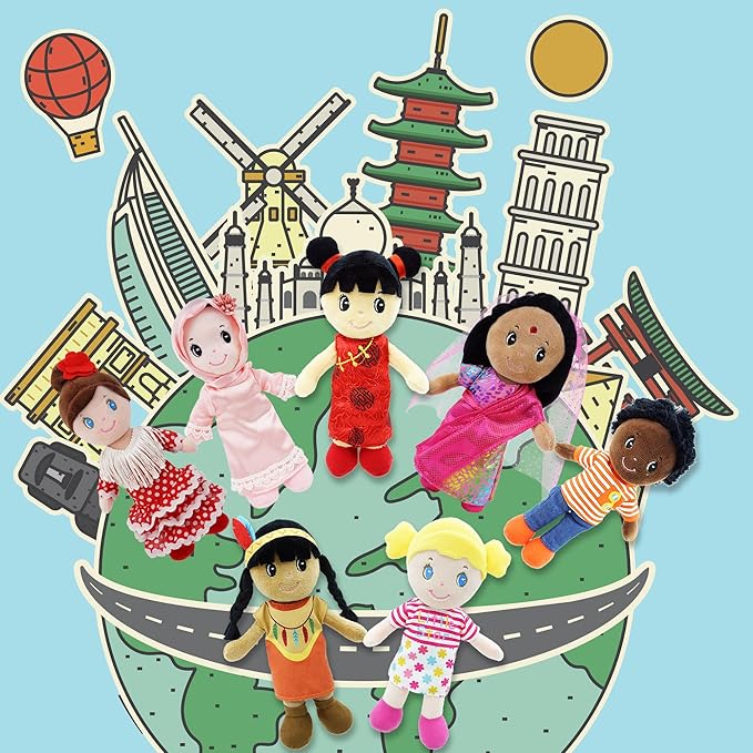 June Garden 3-Piece Multicultural Soft Dolls Set – Plush Cultural Diversity Dolls for Toddlers and Kids – Includes Flamenco Dancer, Indian Girl, and Hijabi Girl – 7” Plush Figures for Pretend Play