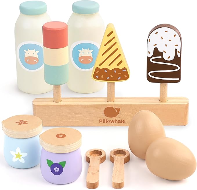 12-Piece Wooden Dairy & Ice Cream Play Food Set – Pretend Fridge Food Accessories w/ Milk Bottles Yogurt Cups Eggs Pastel Popsicles & Holder – Montessori Kitchen Toy for Kids Ages 3+