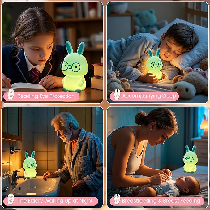 Bunny Night Light, Rabbit Lamp for Kids, Rechargeable LED Nightlight for Easter Gift,Silicone Bedside Lamp with Touch Color Changing,3 Levels Dimmable/Timmer Nursery Bedroom Light,Room Decor