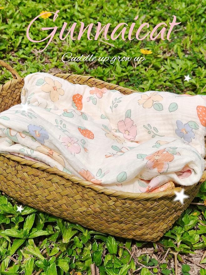 Baby Swaddel Blanket Cotton Muslin Thick Crib Bedding Dotted Backing Double Layer Receiving Blanket 40"x40" (Strawberry Flower)