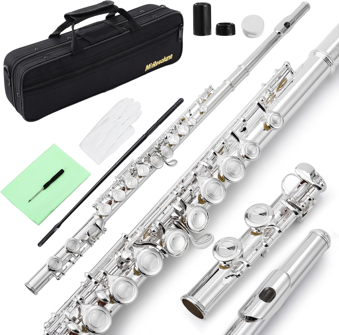 C Flute Closed Hole 16 Key for Beginner Student Silver Flute with Carrying Case Stand Gloves Cleaning Cloth for School Band Instruments