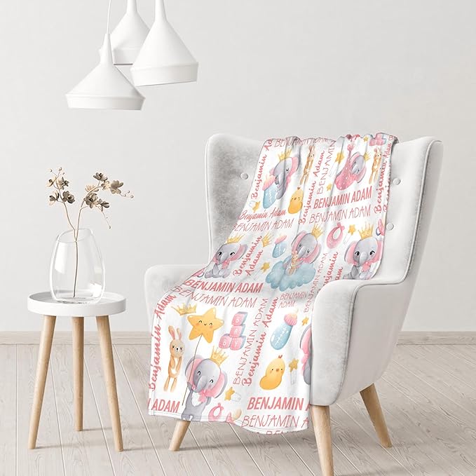 Personalized Baby Blanket for Girls Boys Kids Elephant Custom Baby Blanket with Name Throw Birthday Gift for Toddlers Infants Shower Newborns Nursery Stroller Crib Bed Decor