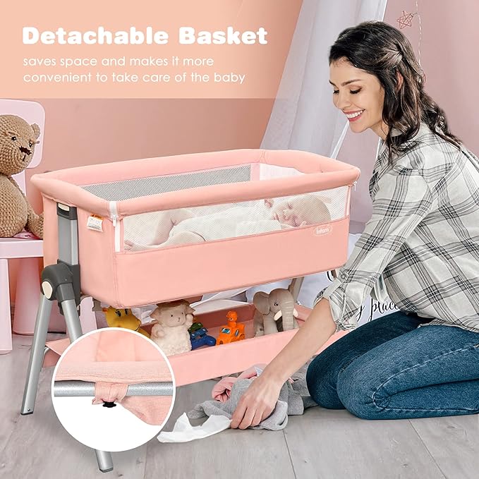 INFANS Baby Bassinet Bedside Crib, Newborn Sleeper w/Large Storage Basket, Adjustable Heights, Detachable &Washable Mattress, Breathable Mesh, Straps, Easy Moving Bed Side (Pink)