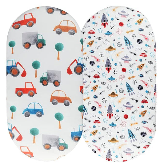 Bassinet Sheet Set 2 Pack Snug Fitted Cradle Fitted Sheets, Stretchy Ultra Soft, for Oval Rectangle Hourglass Bassinet Mattress, Unisex Boy Girl, Planet Rocket Satellite & Car