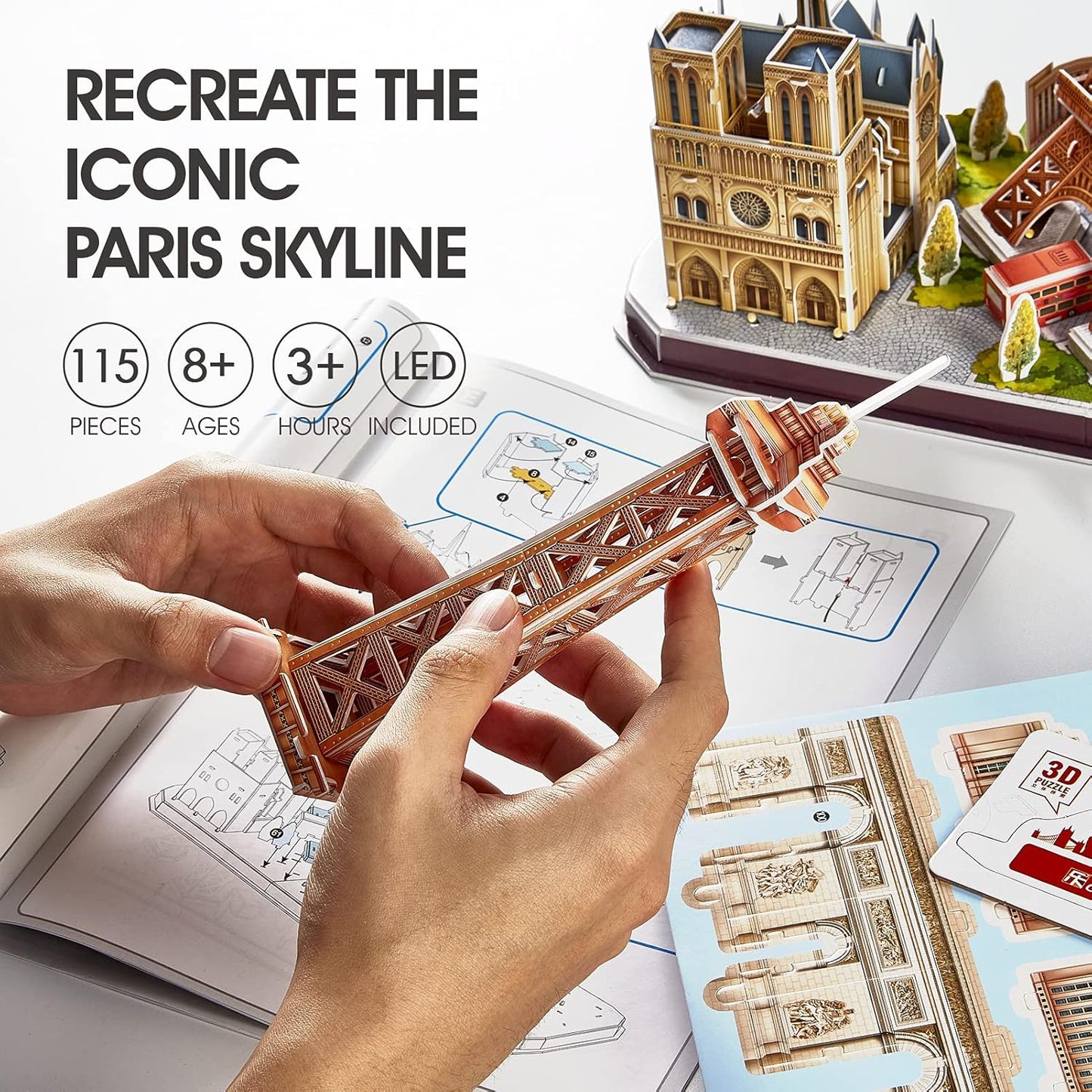 CubicFun 3D Puzzle LED Paris Cityline, 115 Pieces, 1 Count, Ages 8-12, Modern Style, Unisex, Gray, Intermediate Skill, Patience Skill, 15.748 x 4 x 12.87 inches, Assembly & Disassembly, PUZZLES