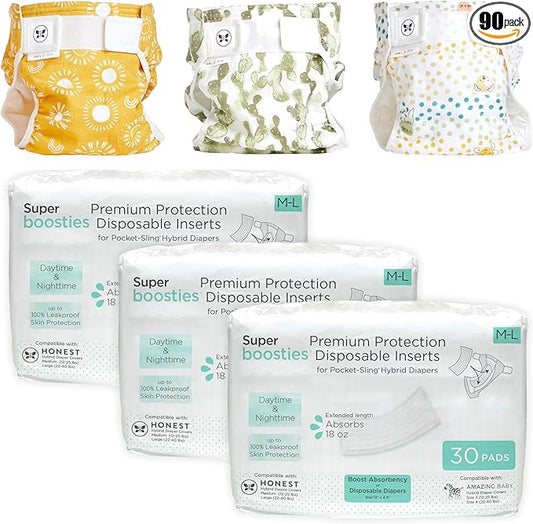 Super Boosties 90ct + Honest Hybrid Cloth Diaper Cover with Pocket-Sling, Large (22-40 lbs), Stops Nighttime Leaks, Boosties Disposable Diaper Inserts, Honest Cotton Muslin Covers, 3 Pack