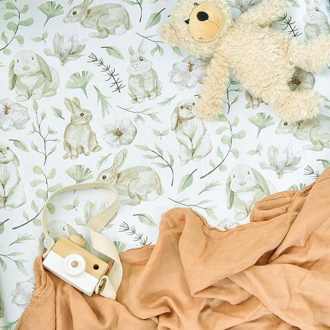 TCBunny 2 Pack Premium Fitted Baby 38X26 Mini Crib Sheets, Pack N Play Bassinet Sheets - Ultra-Soft 100% Cotton, Stylish Rabbit, and Garden Pattern, Safe and Snug for Baby