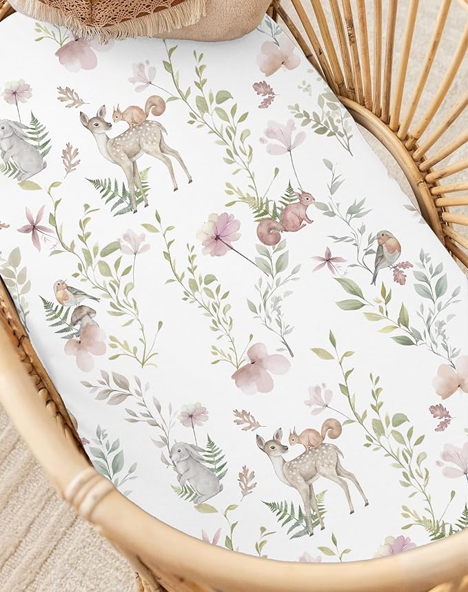 Bassinet Sheets for Baby Girls Boys 2 Pack, Fitted Baby Mattress Sheet for Rectangle, Oval, Hourglass Bassinet Mattress, Breathable Cozy & Universal Fit (Floral Fawn)