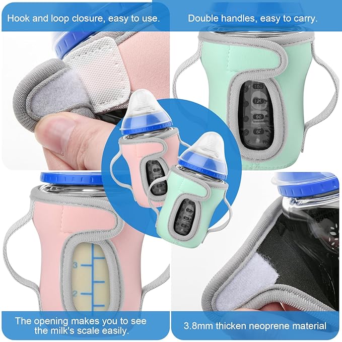 Beautyflier Glass Baby Bottle Sleeve Covers for 9oz Nature Baby Bottles with Dual Handle, 3.8mm Thicken Heat and Cold Retention Baby Bottle Sleeve (Pink+Green)