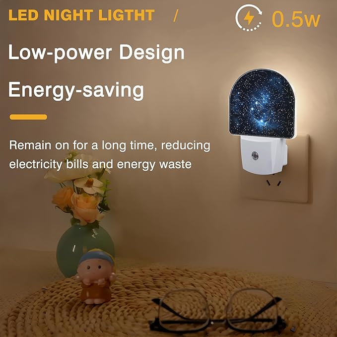 Night Light, Blue Night Sky with Stars Night Lights Plug into Wall Dusk to Dawn Sensor Round Nightlight for Women Men Energy Efficient Led Lamp 0.5W for Stairway Hallway Bedroom