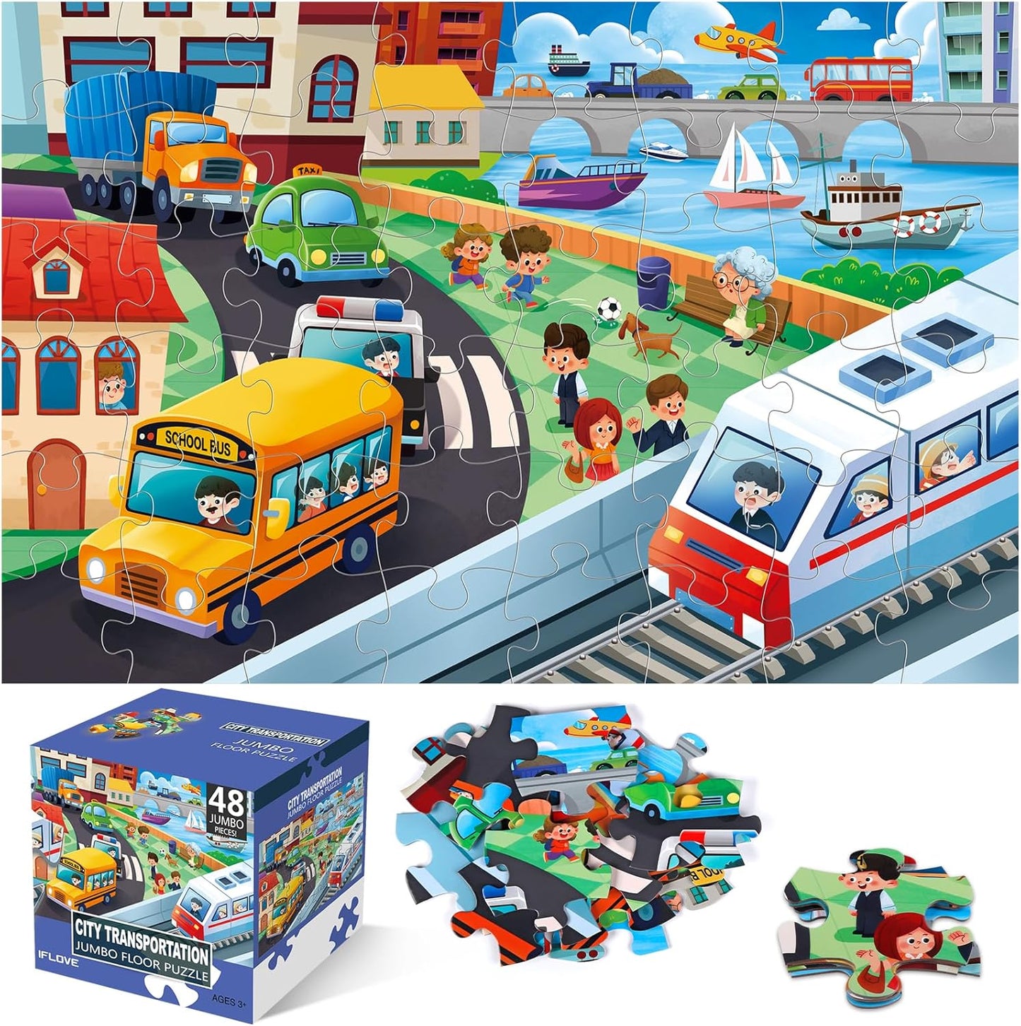 Jumbo Floor Puzzle for Kids,City Transportation Jigsaw Large Puzzles,48 Piece City Life Vehicle Puzzle for Toddler Ages 3-5,Children Learning Preschool Educational Toys,Gift for 4-8 Years Old