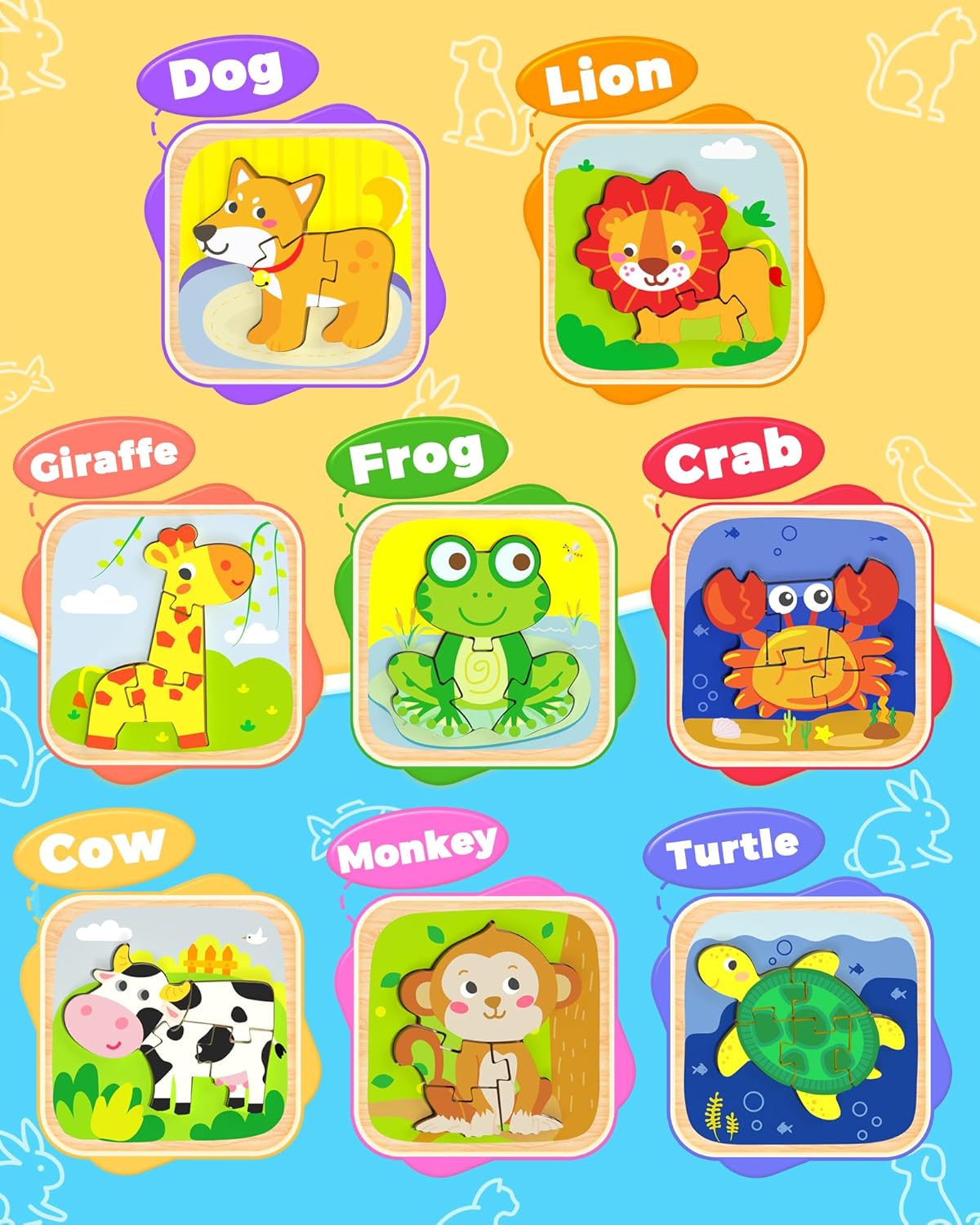 Benresive Wooden Toddler Puzzles, 8pcs Animal Montessori Toys for 1-3 Year Old Boys & Girls, Learning Educational Preschool Toys, Great Gifts for 1 2 3 Year Olds
