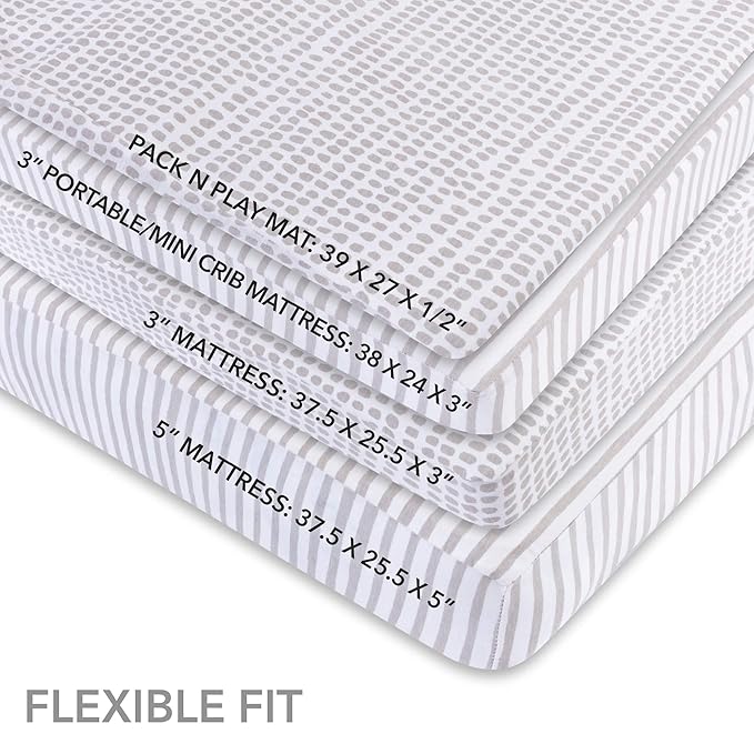 Ely’s & Co. Waterproof Pack and Play/Mini Crib Sheets – All-in-One Mattress Protector and Fitted Playard Sheets – Jersey Cotton – Grey Splash & Stripes, Gender Neutral Nursery Bedding – 2-Pack