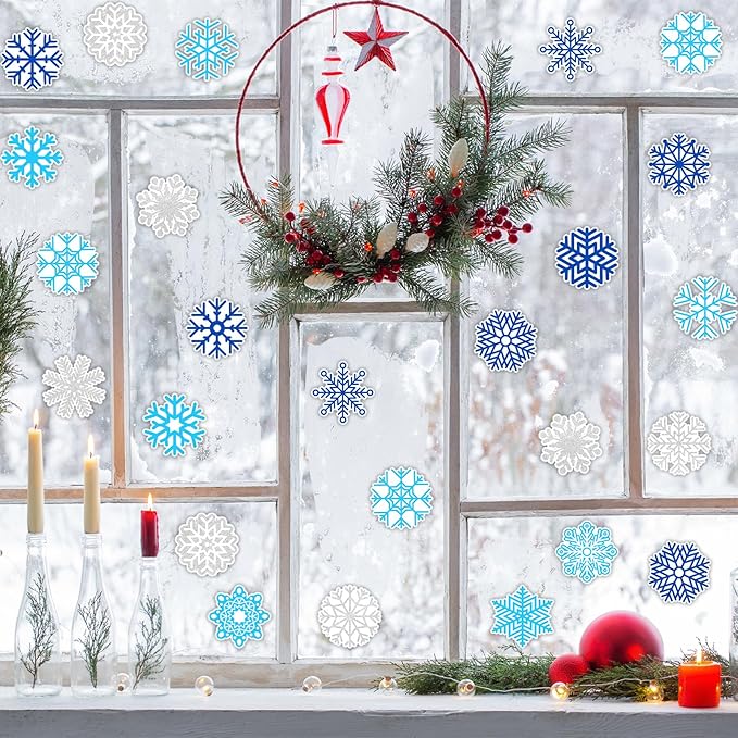 Tevxj 20 PCS Winter Thick Gel Clings Snowflake Window Decorations Christmas Snowflake Window Clings Decals Winter Window Decor for Kids Toddlers Home Airplane Christmas Party Home Classroom Nursery