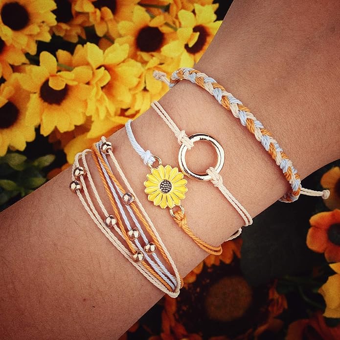 FANCY SHINY Sunflower String Bracelet Boho Braided Rope Wrap Bracelets Cute Summer Beach Surfer Jewelry for Women Christmas Gifts