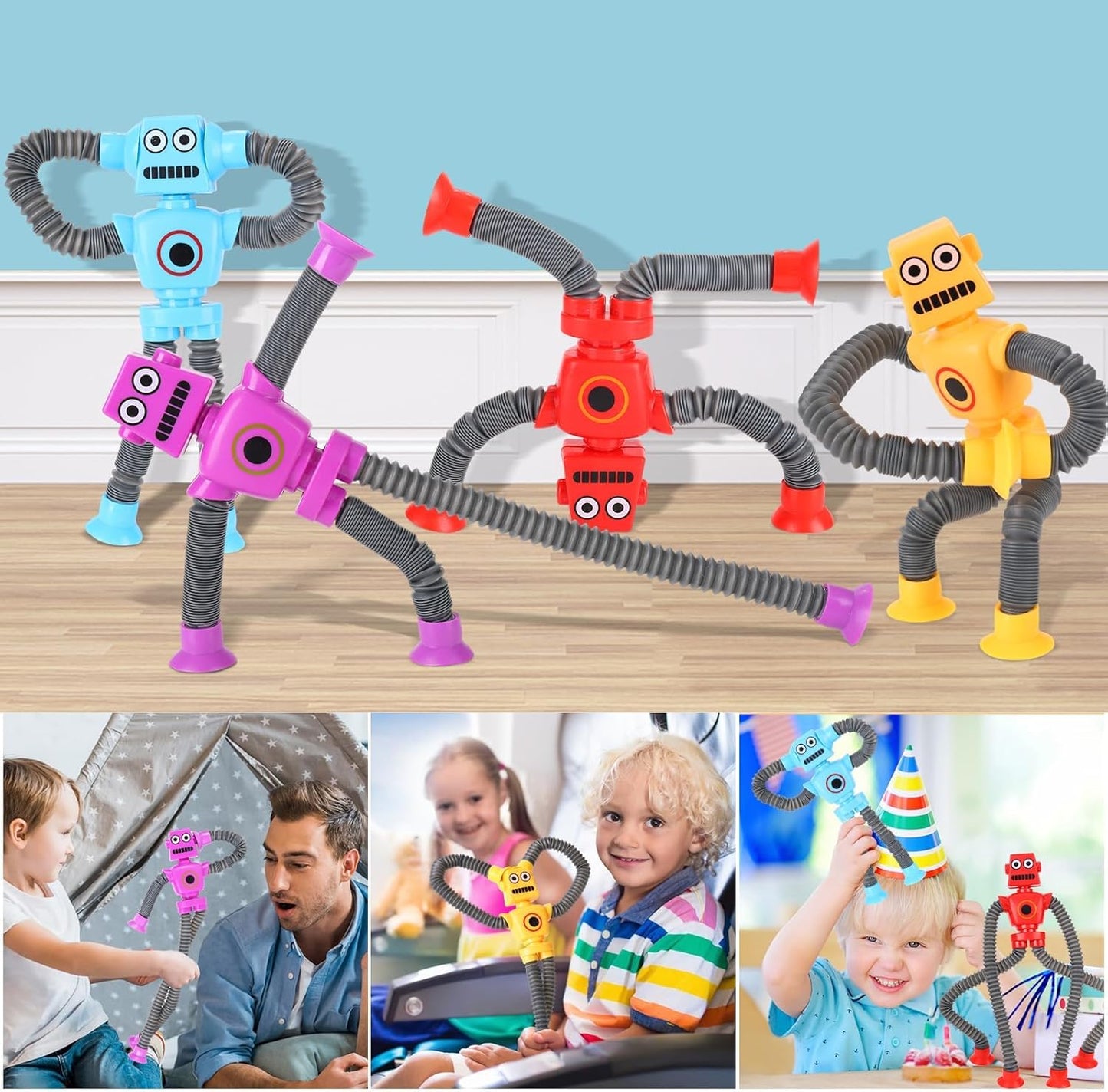 4 Pack LED Pop Tubes Robot Fidget Toys, Party Fvors Gifts for Kids, Telescopic Suction Cup Robot Fidget Toys for Kids, Birthday Gifts Treasure Box Toys for Kids Classroom