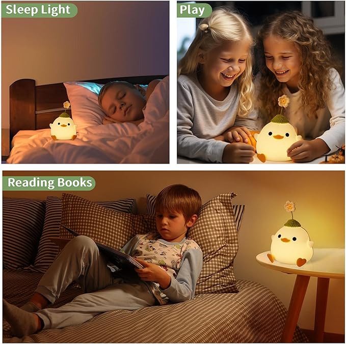 Attivolife Cute Duck Night Light, Animal Soft Silicone LED Lamp with Dimmable and Timer, Portable USB Rechargeable Bedroom Bedside Table Decor, Birthday Christmas Gifts for Girl Boy (Flower Hat)