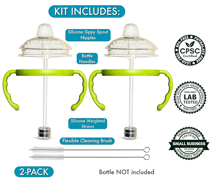 Sippy Cup Conversion Kit for Comotomo Baby Bottles 2-Count, Food Grade Silicone Spout Nipples, All Silicone Weighted Straw, Bottle Handles, Cleaning Brush, BPA-Free, 4+ Months (Sippy Spout, Green)