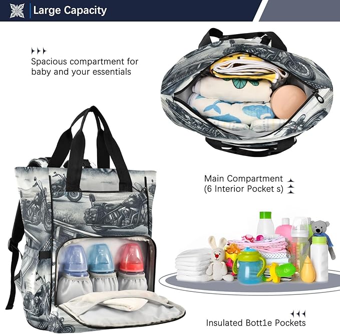 High Way Motorcycles Diaper Bag Backpack, Unisex Travel Baby Backpack Diaper Bags with Stroller Straps & Pacifier Case, Large Capacity Waterproof Diaper Backpack