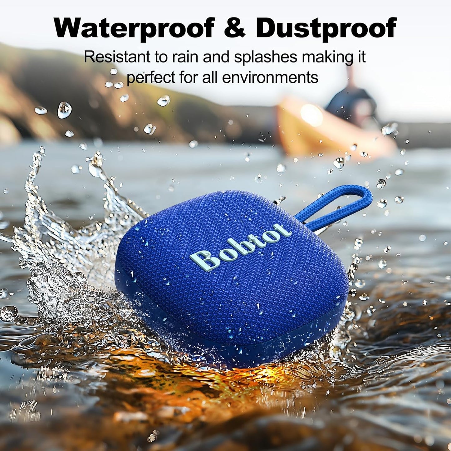 Bobtot Portable Wireless Bluetooth Speakers - IPX7 Waterproof Small Shower Speaker with 16 Hours Playtime, Loud Stereo Sound, Built-in Mic, TWS, Mini Size with Carry Lanyard for Outdoor, Blue