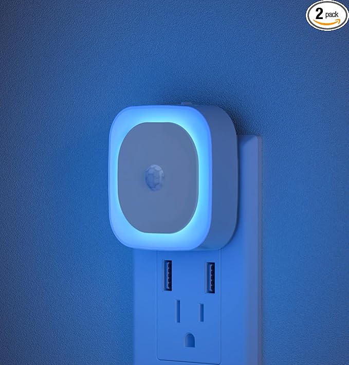 2 Pack Plug in Night Light with Motion Sensor & Dusk to Dawn Sensor, 3 Sensor Modes, Auto ON/Off, Dimmable, Night Lights Plug into Wall for Bathroom, Kitchen, Adults, Indoor, Light Blue
