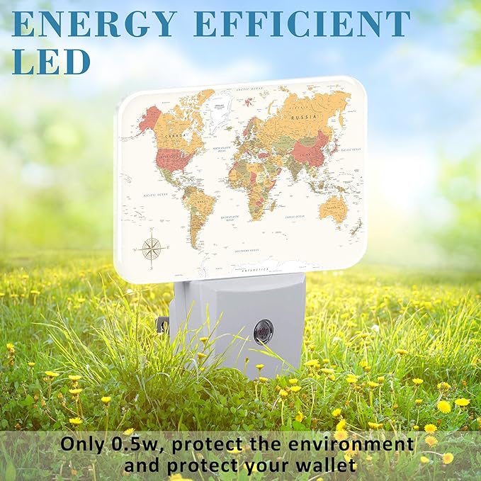 Vintage Yellow World Map Night Light for Kids, World Map LED Night Light Plug into Wall with Dusk to Dawn Sensor for Girls Boys Women Men Bedroom, Hallway, Kitchen, Bathroom, Stairs Decor