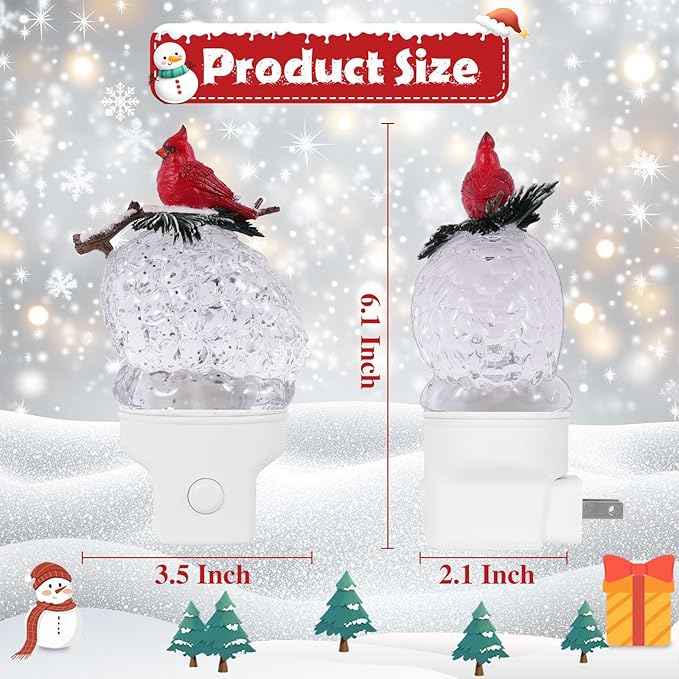 2 Pack Christmas Night Light Plug into Wall Glitter Water Nightlight with USB/Outlet Options, Christmas Cardinal and Pinecone Decorative Nightlight for Holiday Decorations (Cardinal and Pinecone)