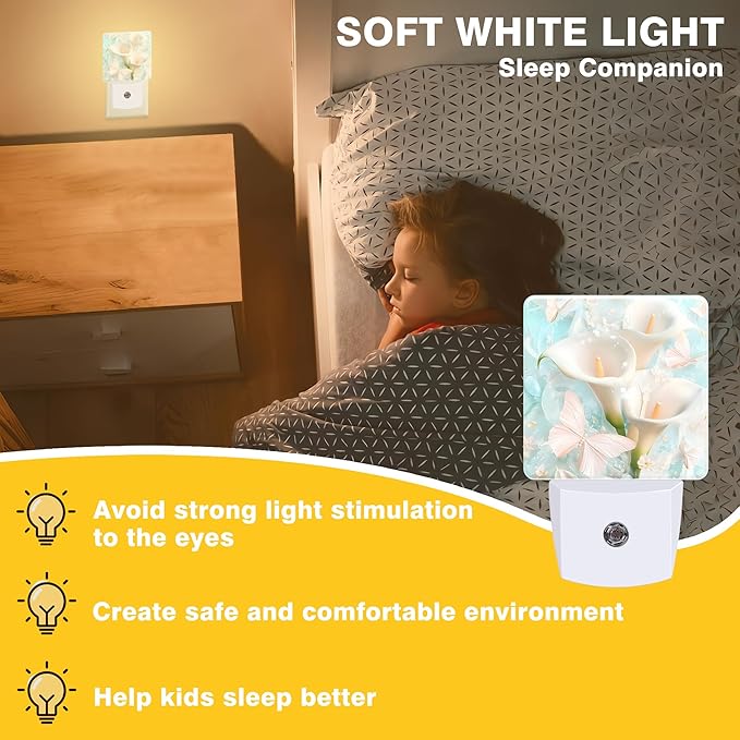 Calla Lilies and Butterflies Night Light, Plug-in Nightlight with Dusk to Dawn Auto Sensor for Home Bedroom Hallway Kitchen 0.5W Sleep Friendly Led Lamp for Women Men