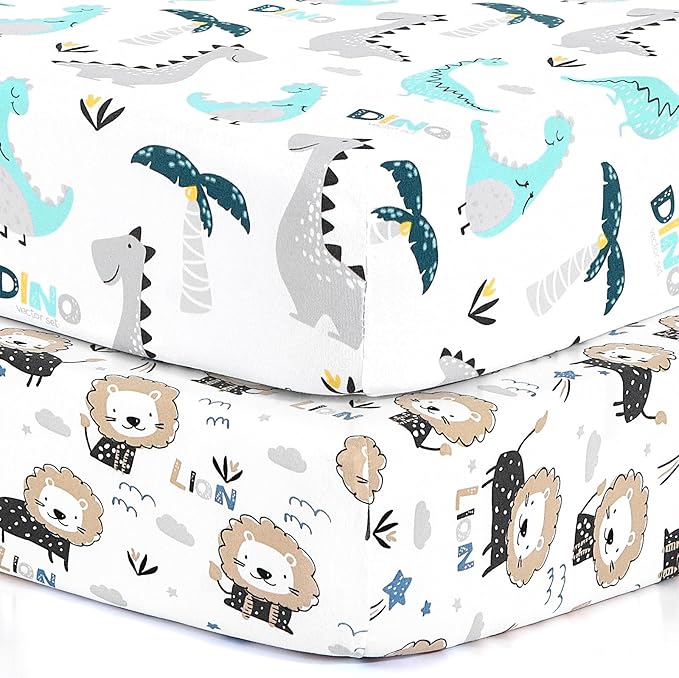 BROLEX Baby Fitted Crib Sheets: Kid Crib Sheets - Set of 2 for Toddler Standard Size Crib Mattress for Boys and Girls - Jersey Knit Crib Bed Sheets Dinosaur Lion