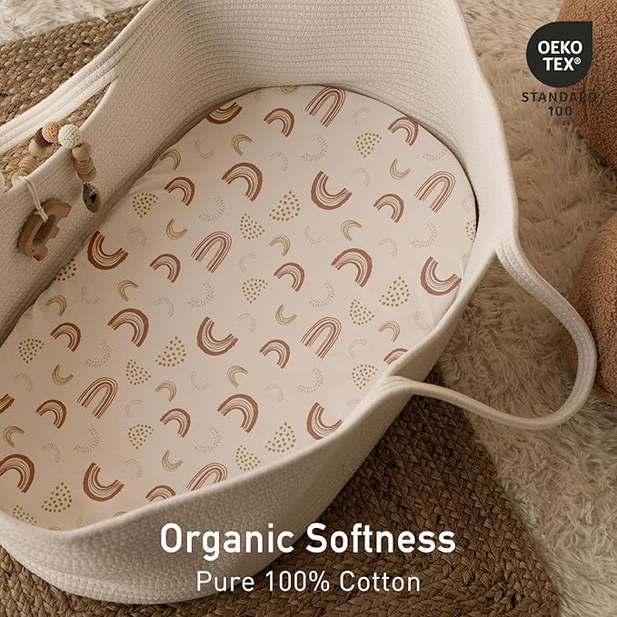 Gllquen Baby Bassinet Sheets 2 Pack, 100% Organic Cotton Bassinet Fitted Sheets for Girls Boys, Soft & Breathable Unisex Baby Mattress Sheet for Standard Bassinets 33"x17"(Khaki)