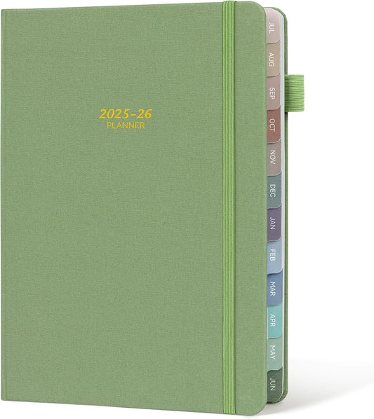 Getink 2025-2026 Linen cover Planner Weekly & Monthly Daily Agenda Book,2025-2026 To Do List Notebook with Colorful Monthly Tabs, Inner Pocket, Elastic Closure (Green,5.5 * 8.5)
