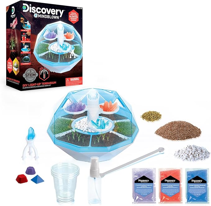 Discovery™ DIY Light-Up LED Terrarium - Plants & Crystals Geodome Grow Kit, 3 Colorful Crystal Formations, Rye Grass, Education STEM Activity Set, Indoor Science Experiment, Chemistry Gift