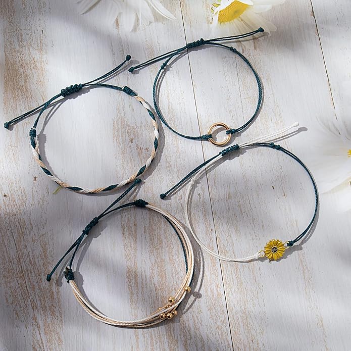 FANCY SHINY Sunflower String Bracelet Boho Braided Rope Wrap Bracelets Cute Summer Beach Surfer Jewelry for Women Christmas Gifts