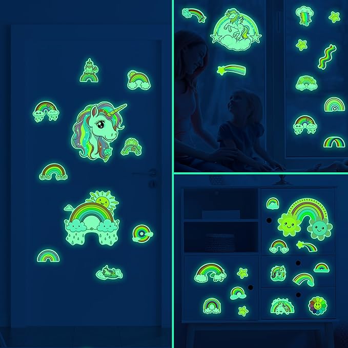 Glow in The Dark Unicorn and Rainbow Wall Decals, Stars Stickers for Baby Girls Room, Luminous Ceiling Decor for Bedroom Playroom Nursery