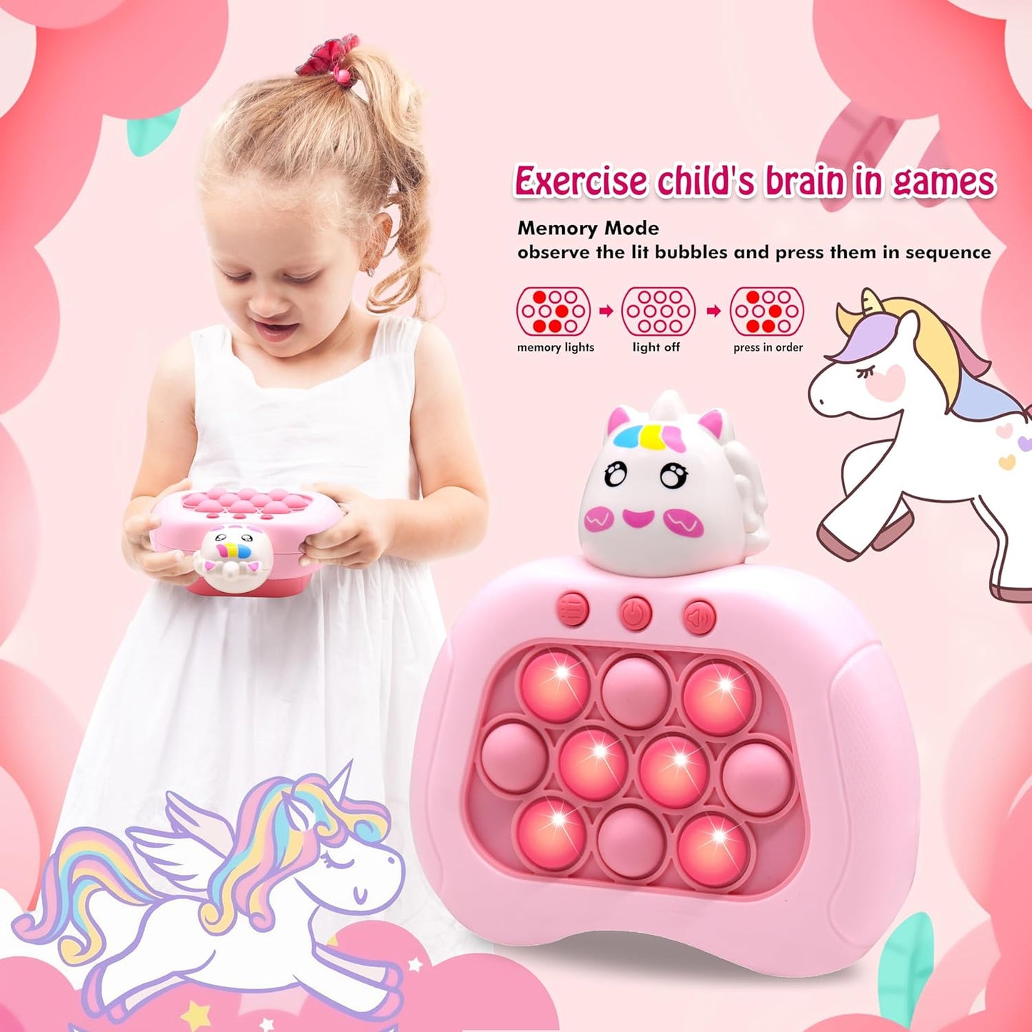 Quick Push Bubble Game,Popping Game Light up Pop Fidget Toy for Kids,Fast Push Console Game for Ages 3-12 for Boys and Girls,Handheld Puzzle Game Sensory Toys (Unicorn)