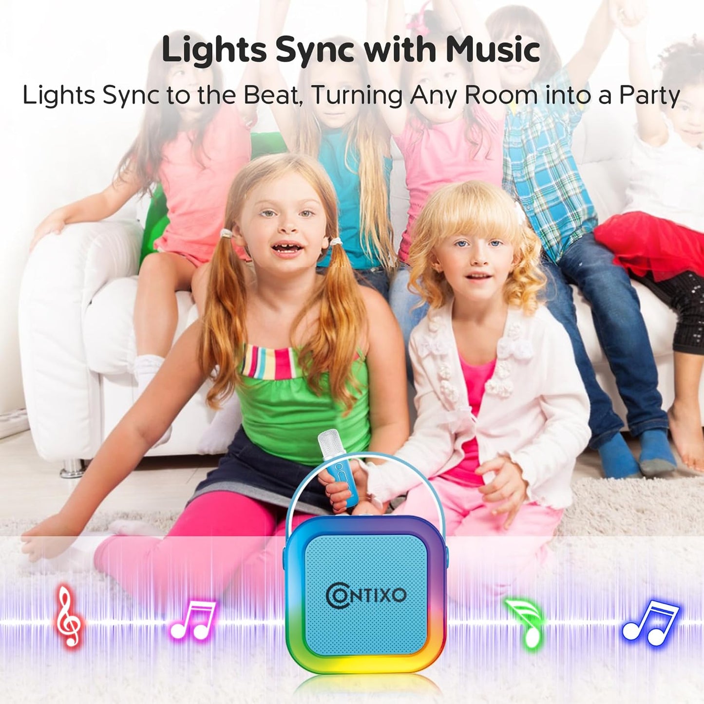 Contixo KS1A Kids Mini Karaoke Machine with LED Lights, 7–10H Playback, Dual Wireless Mics, Magic Voice Effects, Bluetooth Speaker for Children, Portable Singing Toy Gift for Boys & Girls, Blue