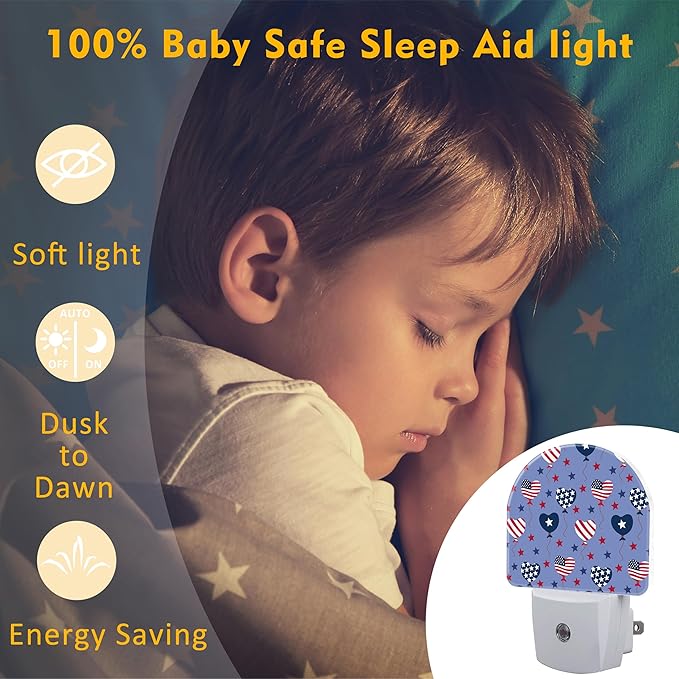 USA Flag Balloons and Stars Night Light Plug into Wall, American Patriotic Flag Dusk to Dawn Night Light Plug in,0.5w Energy Saving Sleep Friendly NightLight for Kids Boys Girls Home Decor