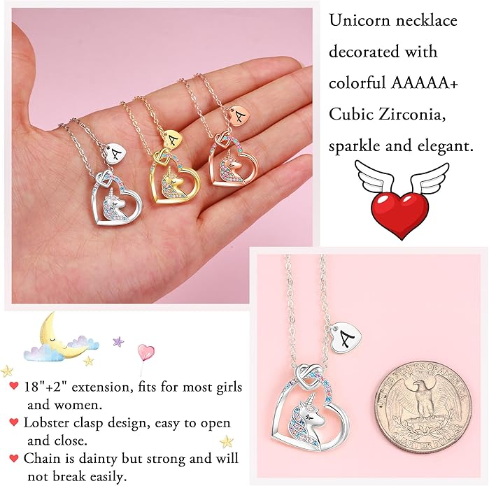 Hidepoo Unicorn Necklace Gifts for Girls - Colorful CZ Heart Pendant Initial Unicorns Necklaces for Teens Little Girls Jewelry Birthday Gift for Girl Daughter Granddaughter Niece